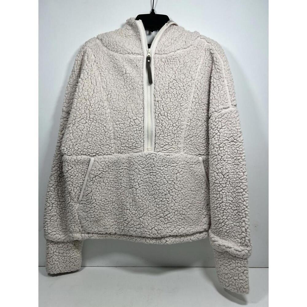PrAna Women Teddy Jacket Quarter Zip Medium Tan Hooded Pullover Furry